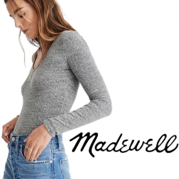 Madewell Gray Long-Sleeve V-Neck Full-Coverage Bodysuit, XL - Picture 1 of 14